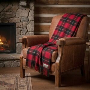 Plaid Andean 100% Wool Blanket Red‎ Black Buffalo Check Fringe Made in Chile